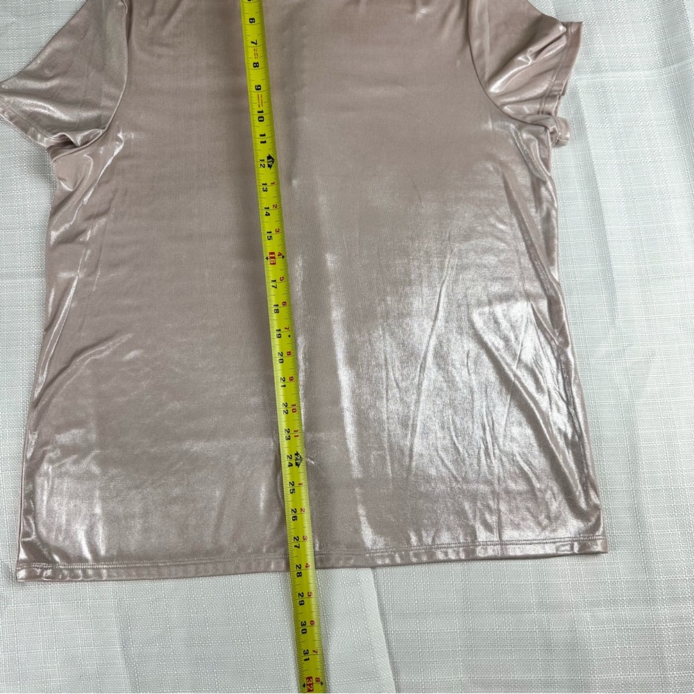 ANNE KLEIN Mock Neck Metallic Soft Pink Satin Short Sleeve Top - Picture 2 of 9